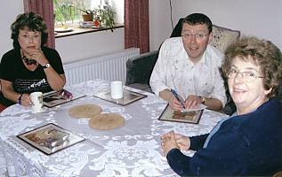 Morning coffee: Deryn, Mark and Marjorie Budd